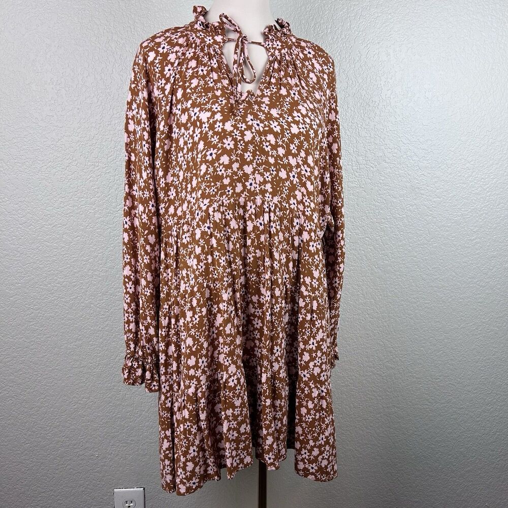 Vici Women's Floral Tunic Short Dress Brown Ruffled Neckline Tie Long Sleeve XS